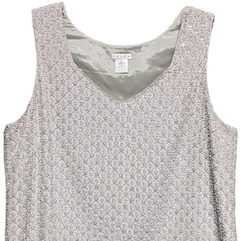 Vintage Zelda 100% Silk Beaded Sequin Top Art Deco Gray Rainbow Shine Lined Sz12